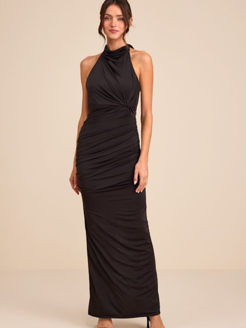 Lulus Seraiah Black Knotted Ruched Halter Maxi Dress - Size L